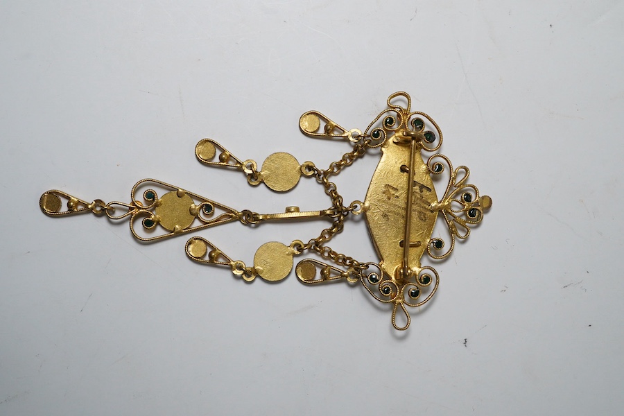 An Art Nouveau style gilt metal and three colour enamel set drop pendant, 90mm. Condition - fair to good